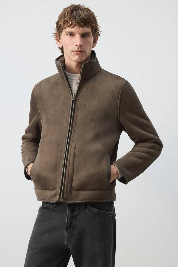 Mango Man suèdelook winterteddyjas met teddy details bruin