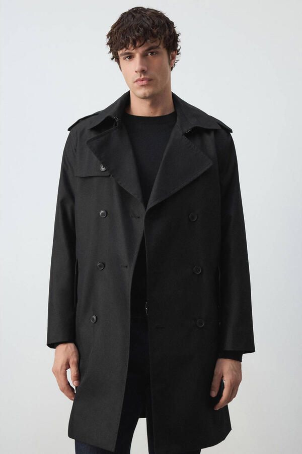 Mango Man trenchcoat met ceintuur en split zwart