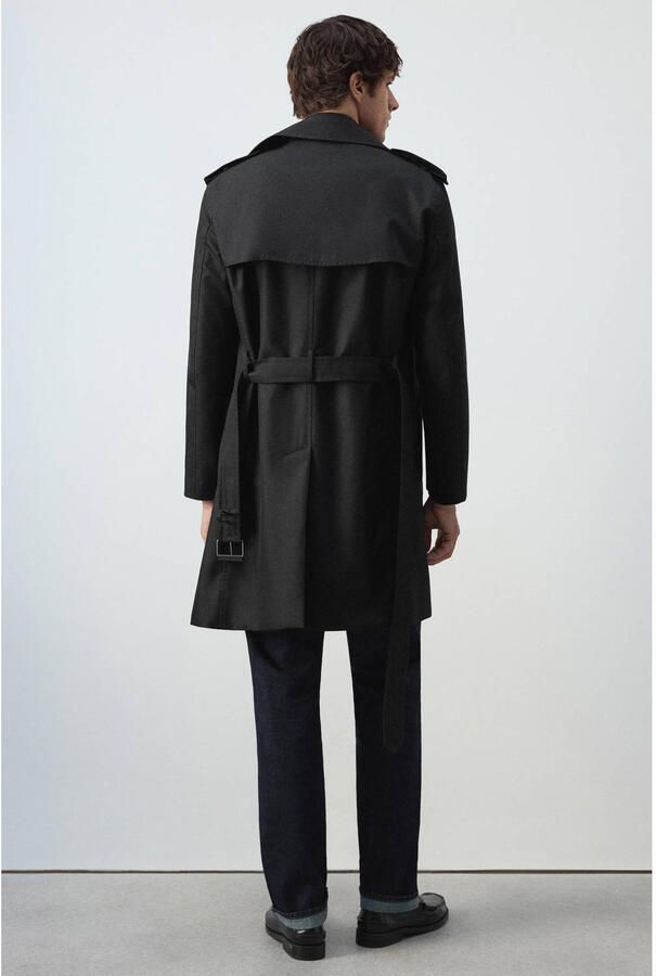 Mango Man trenchcoat met ceintuur en split zwart - Foto 2