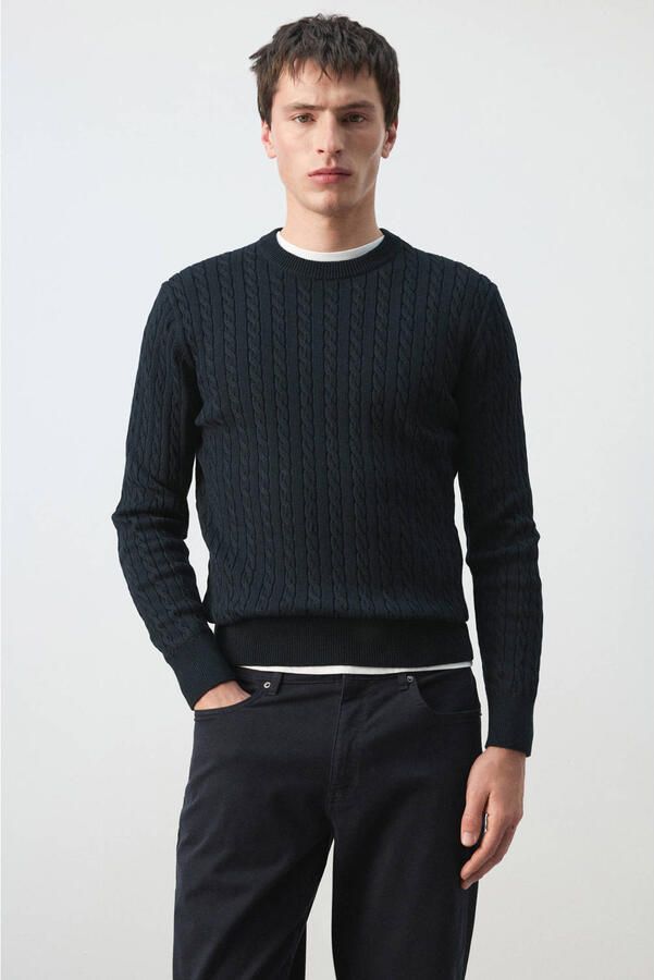 Mango Man trui met kabels donkerblauw - Foto 2