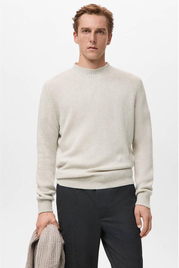 Mango Man trui met wol fijn gebreid beige