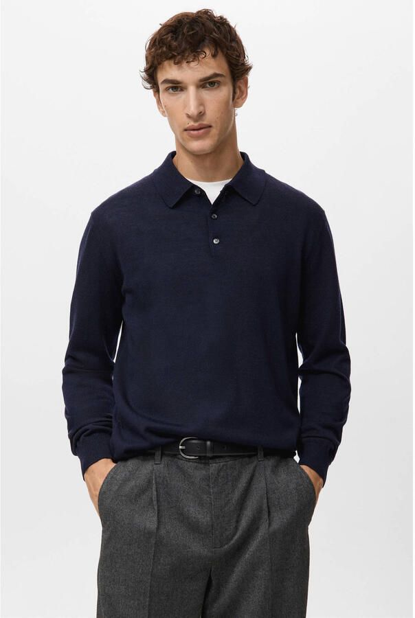 Mango Man trui met wol fijn gebreid donkerblauw