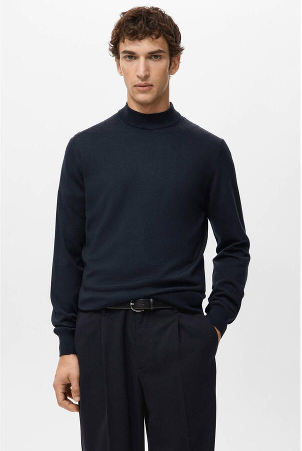 Mango Man trui met wol fijn gebreid donkerblauw