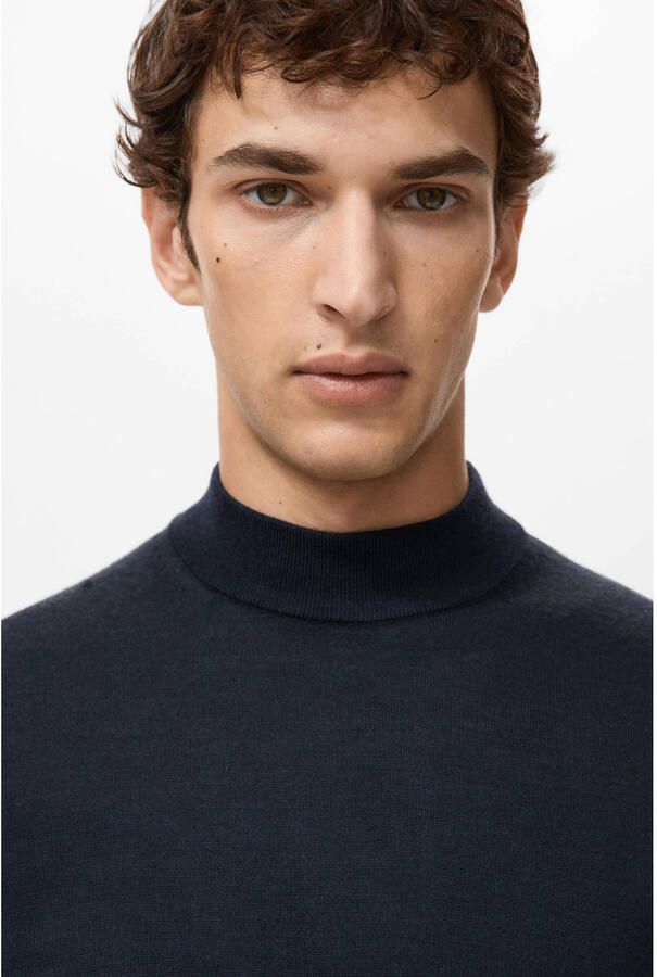 Mango Man trui met wol fijn gebreid donkerblauw - Foto 2