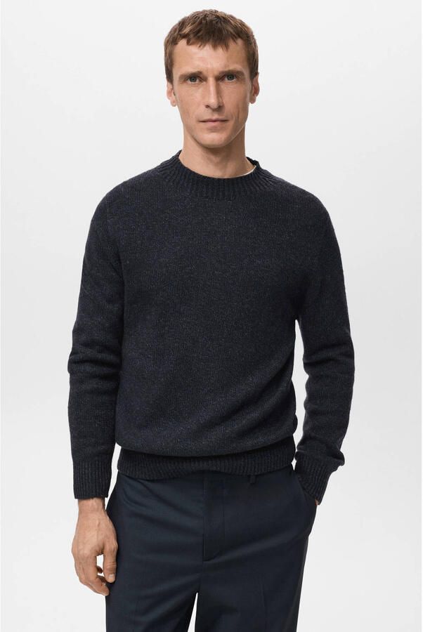 Mango Man trui met wol fijn gebreid marineblauw