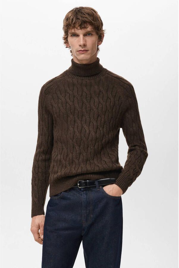 Mango Man trui met wol gebreid bruin