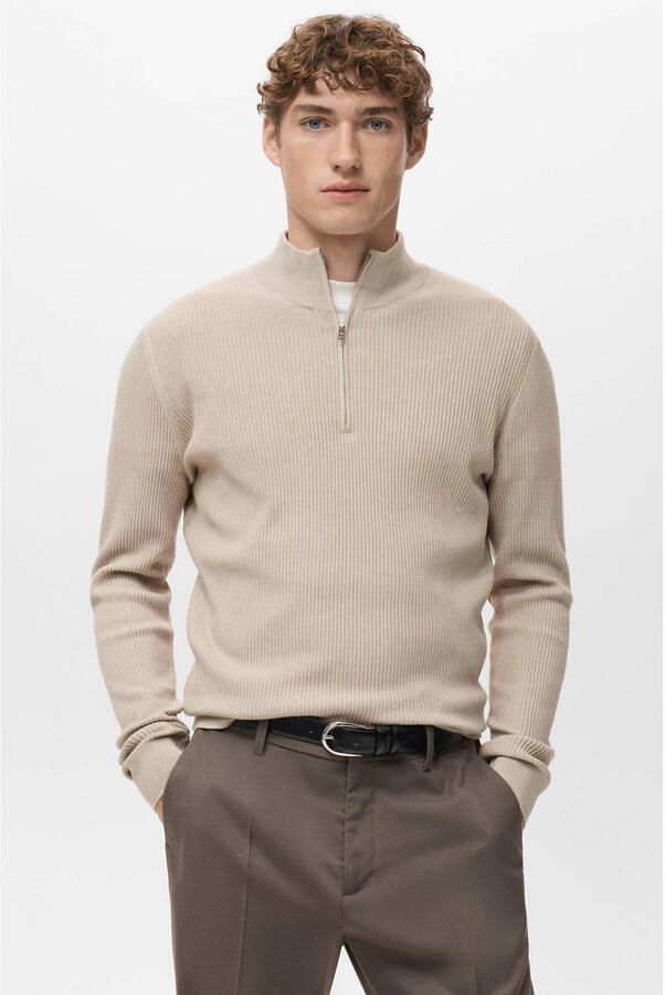 Mango Man trui rib gebreid beige