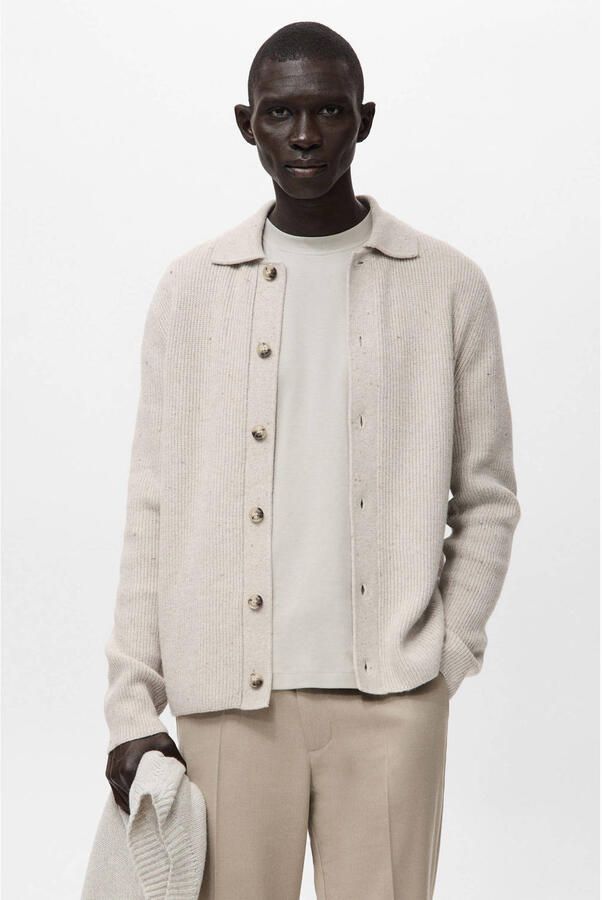 Mango Man vest met wol rib gebreid beige