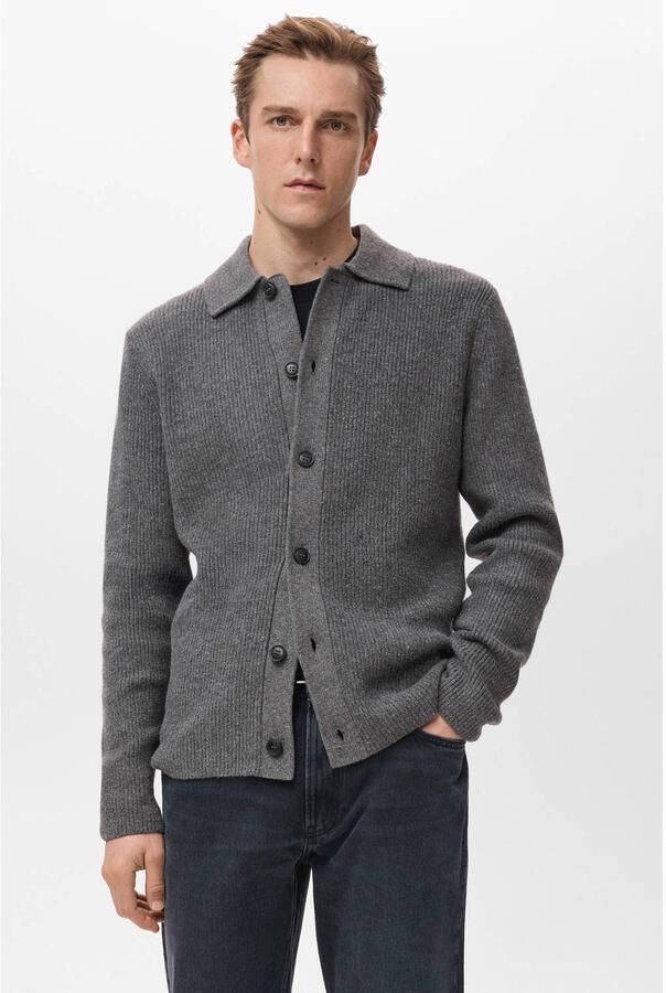Mango Man vest met wol rib gebreid grijs