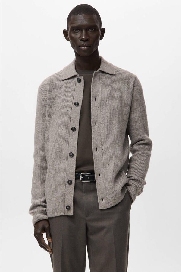Mango Man vest met wol rib gebreid grijsbruin