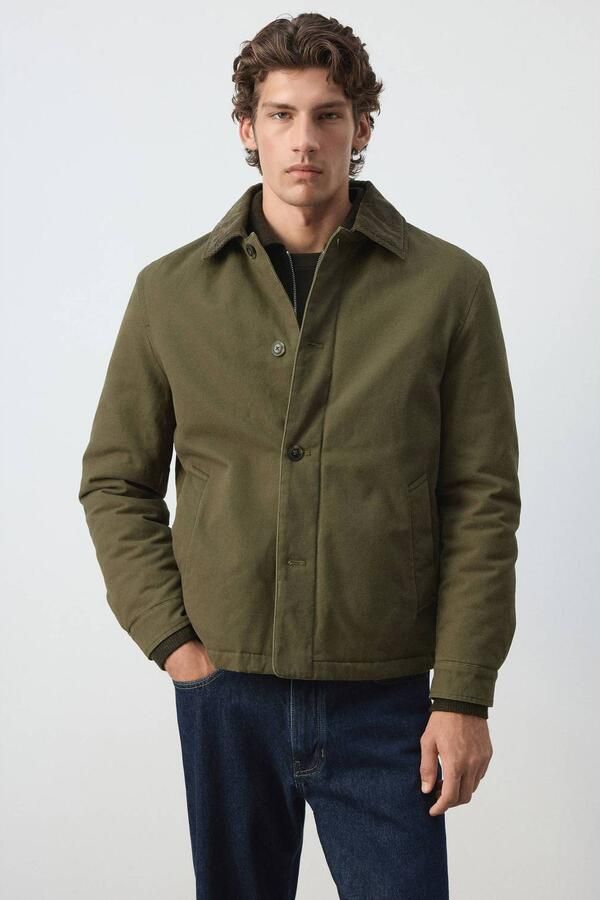 Mango Man winterjas met corduroy details donkergroen