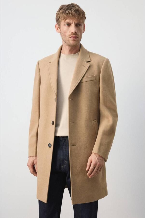 Mango Man wintermantel met split en wol middenbruin