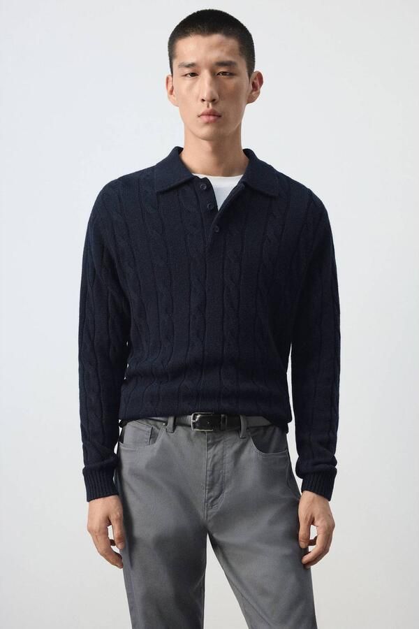 Mango Man wollen regular fit gebreide trui met kabels marine