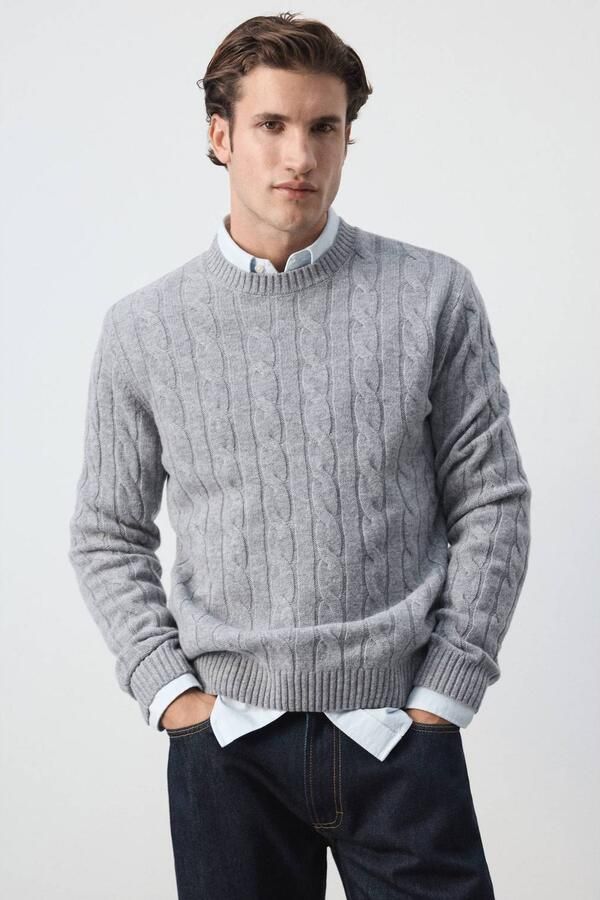 Mango Man wollen regular fit gebreide trui met kabels middengrijs
