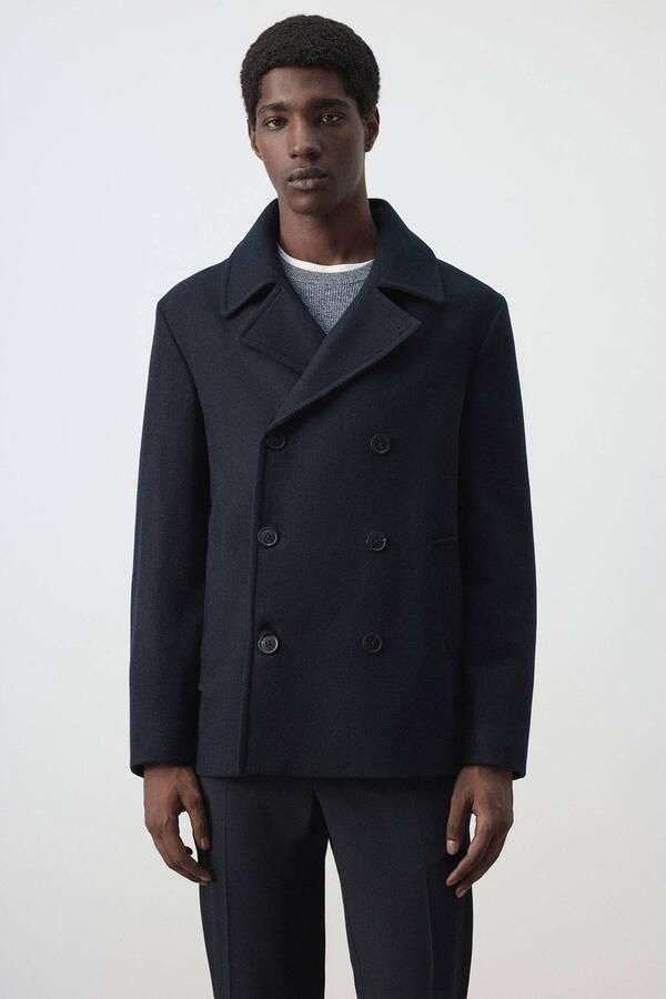 Mango Man wollen wintermantel met split donkerblauw