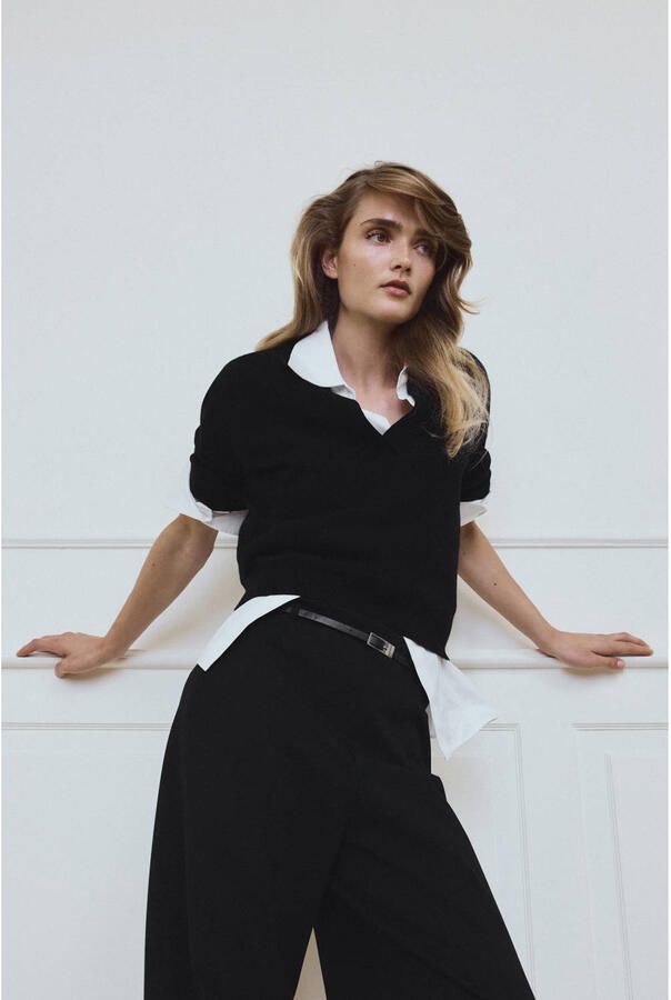 Mango barrel broek met ceintuur zwart