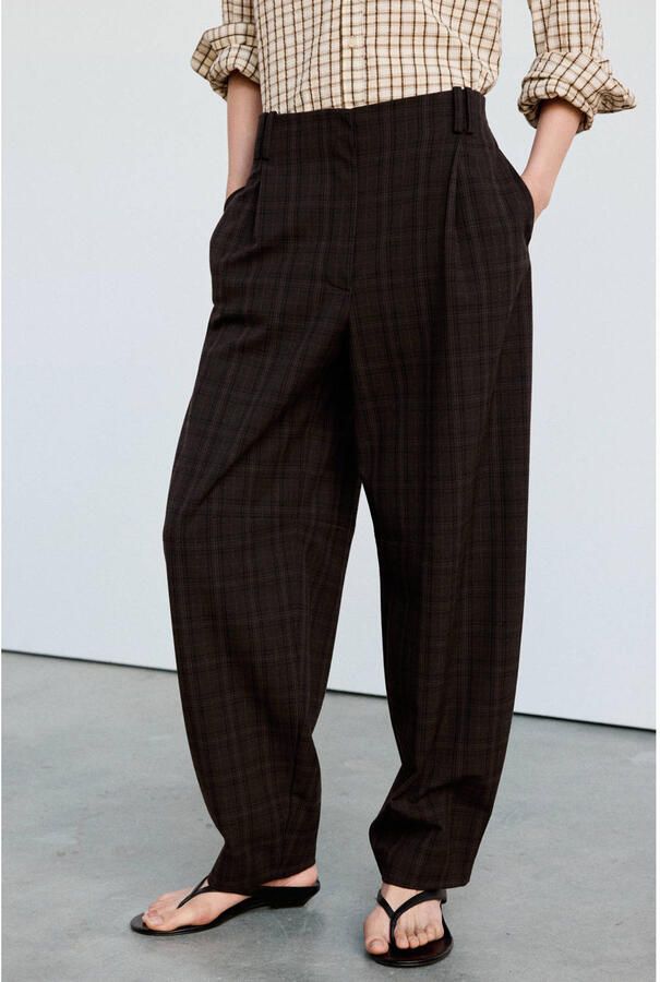 Mango barrel geruite broek bruin - Foto 3