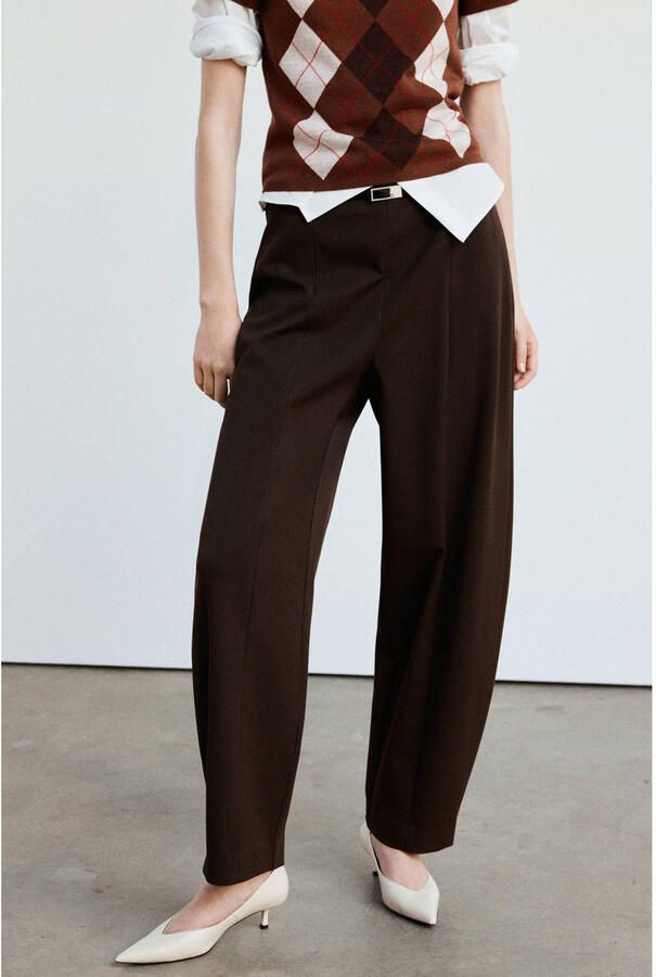 Mango barrel regular waist broek met ceintuur bruin