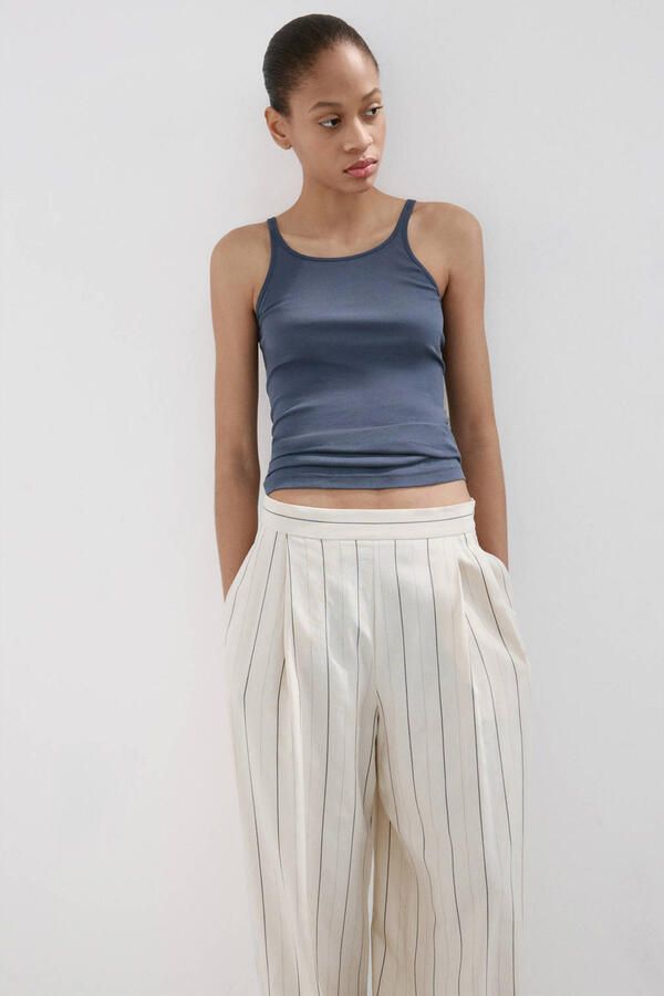 Mango barrel regular waist gestreepte broek beige