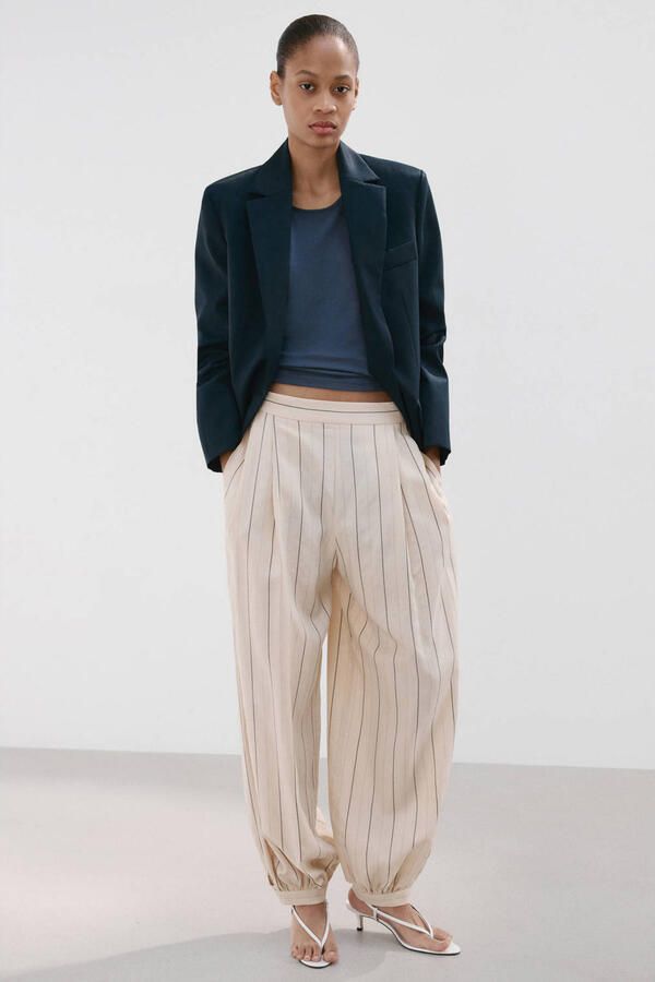 Mango barrel regular waist gestreepte broek beige - Foto 3