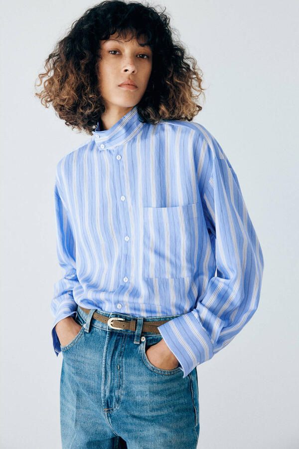 Mango blouse met krijtstreep blauw ecru