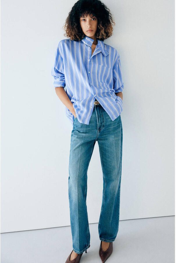 Mango blouse met krijtstreep blauw ecru - Foto 3