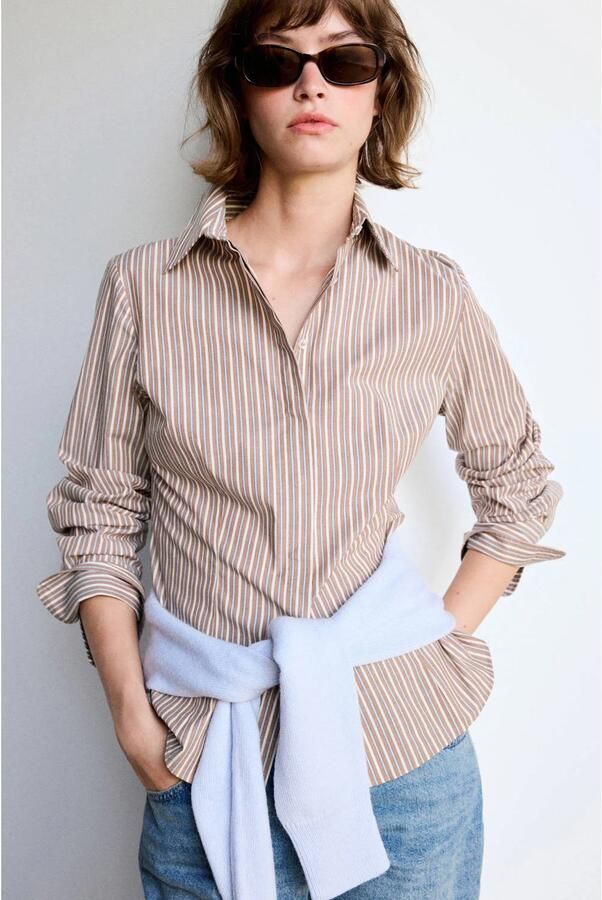 Mango blouse met krijtstreep bruin blauw