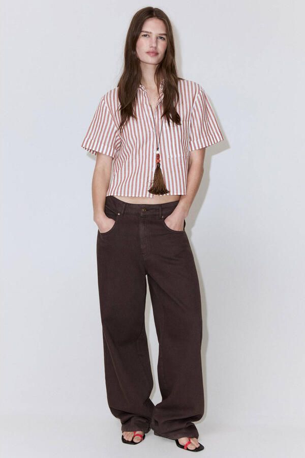Mango blouse met krijtstreep en linnen donkerrood