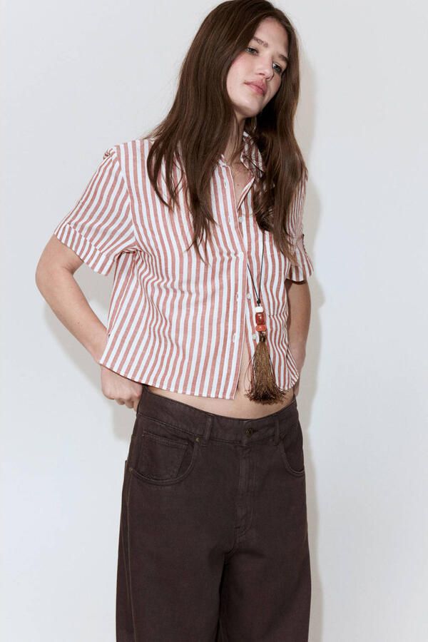Mango blouse met krijtstreep en linnen donkerrood - Foto 3
