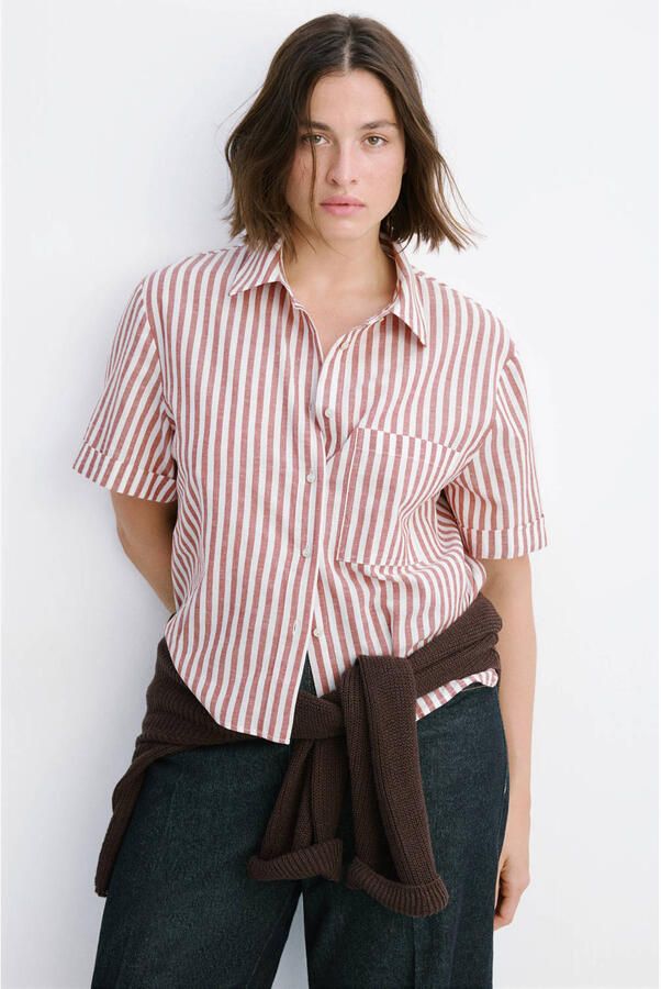 Mango blouse met krijtstreep en linnen donkerrood - Foto 2