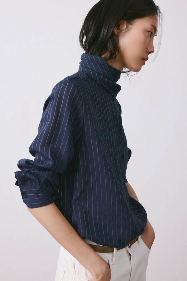 Mango blouse met krijtstreep marineblauw - Foto 2