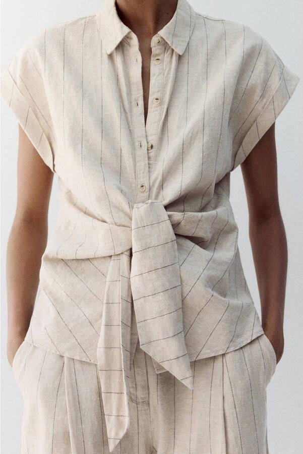 Mango blouse met linnen met krijtstreep ecru
