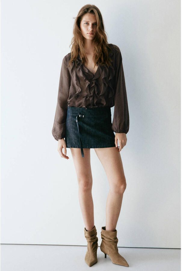Mango blouse met ruches bruin - Foto 3