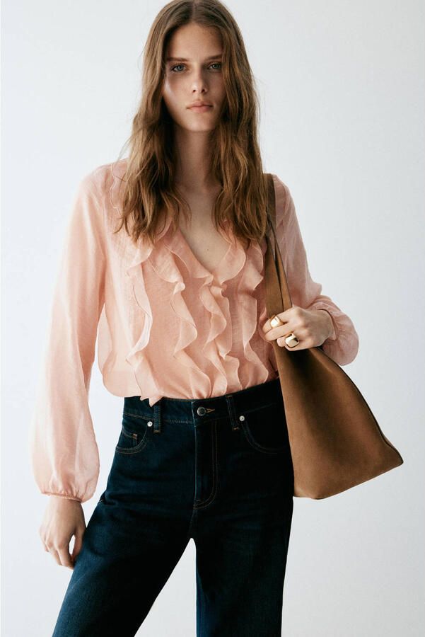 Mango blouse met ruches pastelroze
