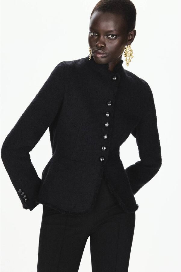 Mango boucle jas met wol zwart