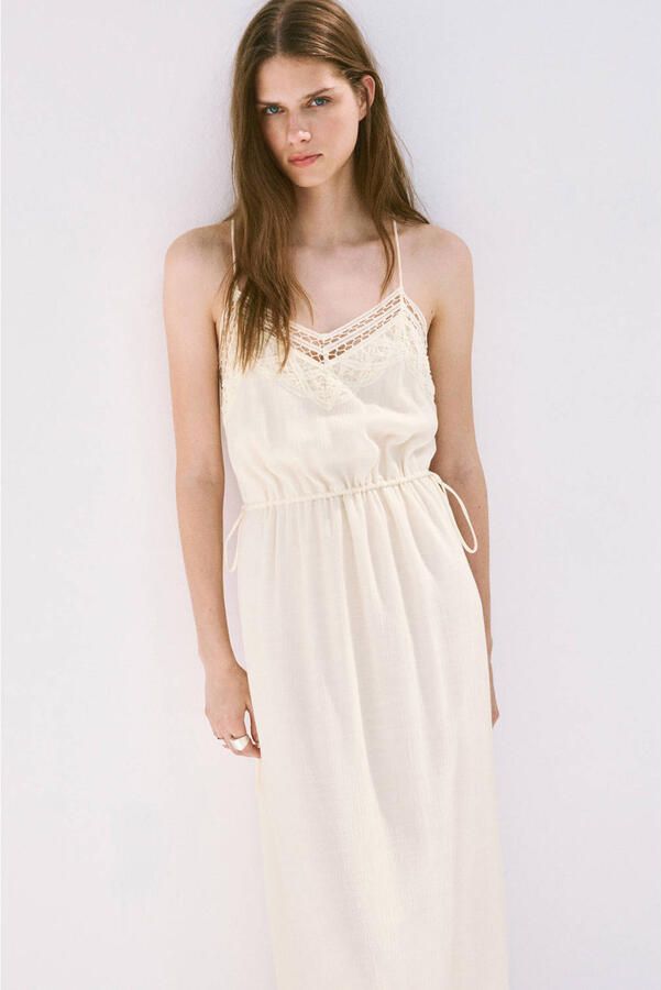 Mango broderie midi zomerjurk beige