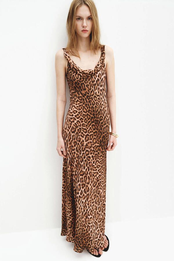 Mango cocktailjurk met dierenprint bruin