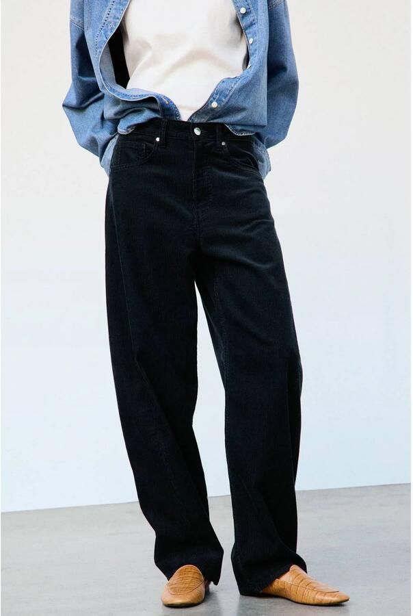 Mango corduroy high waist barrel broek donkerblauw