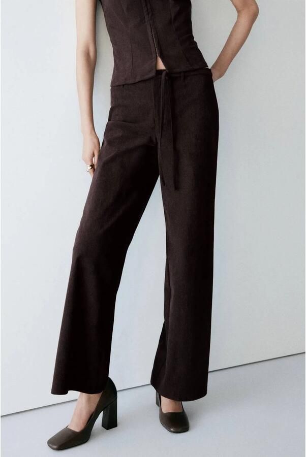 Mango corduroy straight leg pantalon met ceintuur donkerbruin