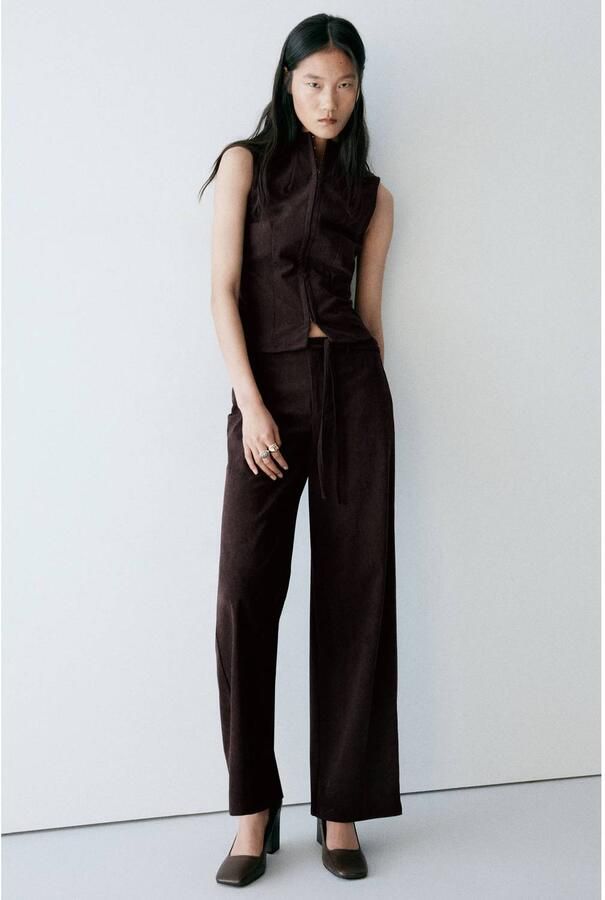 Mango corduroy straight leg pantalon met ceintuur donkerbruin - Foto 2