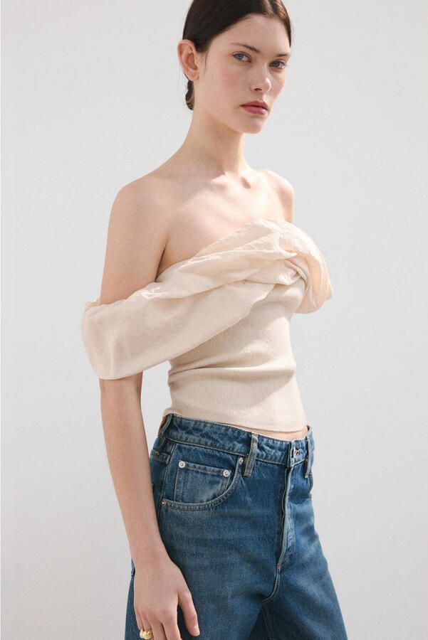 Mango cropped top beige rib gebreid