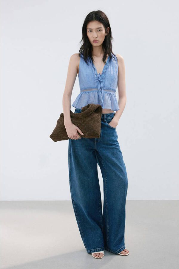 Mango cropped top broderie lichtblauw - Foto 2