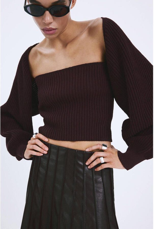 Mango cropped top donkerbruin rib gebreid
