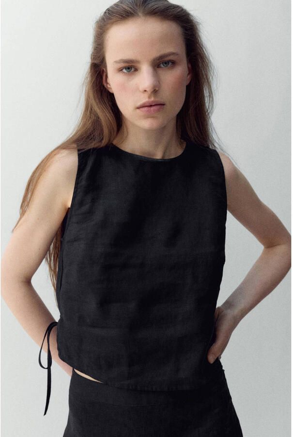Mango cropped top met linnen zwart