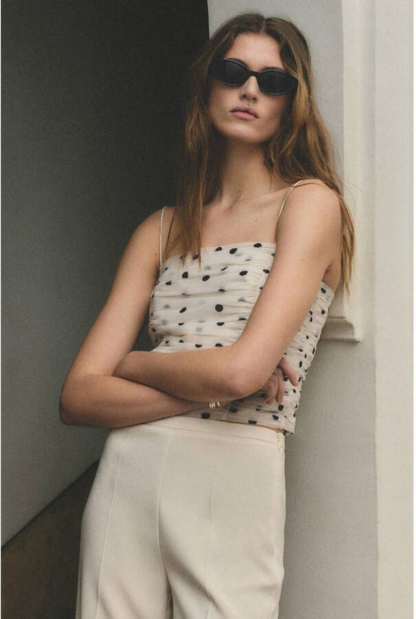 Mango cropped top met stippen ecru
