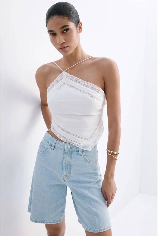 Mango denim regular waist straight leg bermuda short lichtblauw