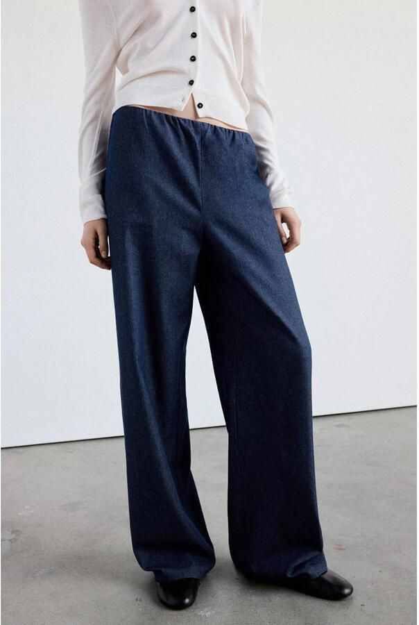 Mango denim regular waist wide leg broek donkerblauw