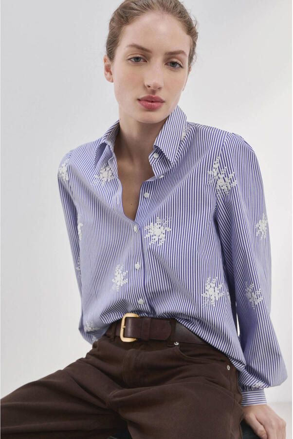Mango gebloemde blouse met krijtstreep lichtblauw