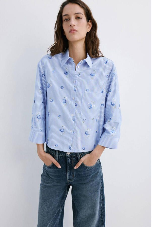 Mango gebloemde blouse met krijtstreep lichtblauw