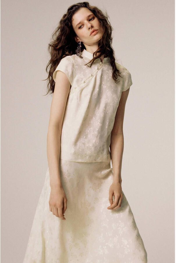 Mango gebloemde jacquard top beige